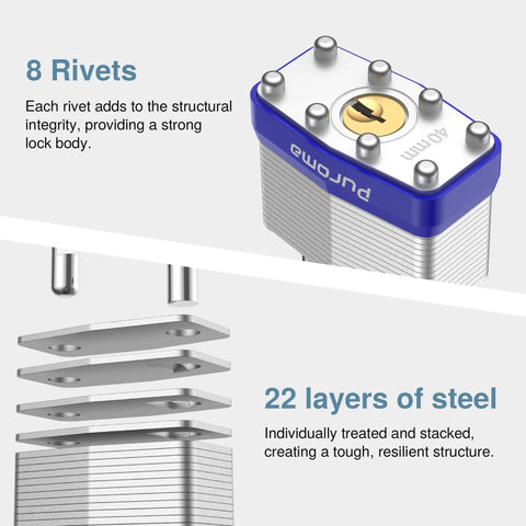 Eight rivets and 22 steel layers details of Three Pack One And A Half Inch Shackle Heavy Duty Padlocks With 40mm Hardened Steel Bodies Keyed Alike.