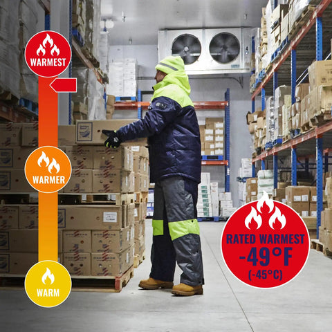 Heavy Duty Insulated Freezer Jacket Tailored To Brutal Cold Storage Jobs Badass Weather Resistant Shell Keeps You Toasty During Long Hours At The Plant with worker in cold storage.