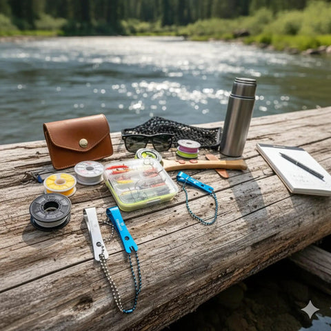 Stainless Steel Fishing Line Nipper Cutter with Keychain for fly fishing on a riverside log, with tools and a view of water.