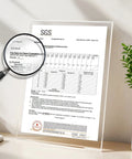 SGS certificate displaying fire test results for NFPA 701 compliance, placed on a wooden surface with magnifying glass and plant