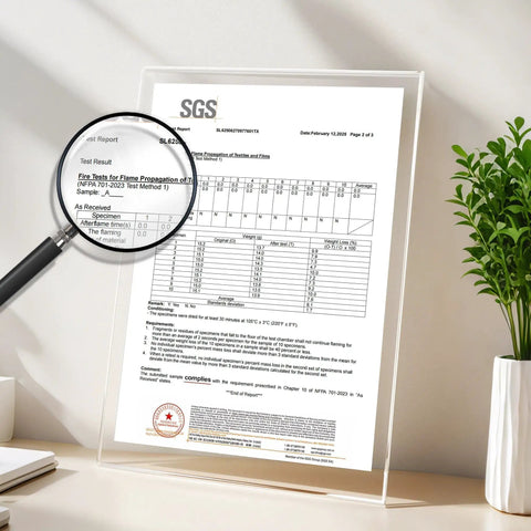 SGS certificate displaying fire test results for NFPA 701 compliance, placed on a wooden surface with magnifying glass and plant