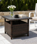 All Weather Wicker Patio Umbrella Stand Table 22 Inch Brown Rattan Garden Furniture Deck Poolside Organizer with vase and books