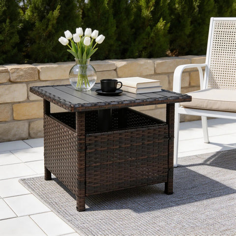 All Weather Wicker Patio Umbrella Stand Table 22in