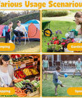 Collage showing various usage scenarios: camping, gardening, shopping in a market, and playing sports in a backyard.