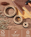 Must Have Leather Cutting Dies Set With Wooden Base Circle Cutter Dies Three Piece Inner Diameters 29.5mm 59mm 89mm displayed on table
