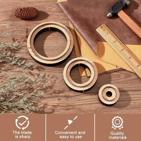 Must Have Leather Cutting Dies Set With Wooden Base Circle Cutter Dies Three Piece Inner Diameters 29.5mm 59mm 89mm displayed on table