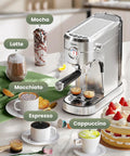 Barista Grade Espresso Machine With Milk Frother For Home Use, 20 Bar Pump, Stainless Steel, with assorted coffee drinks