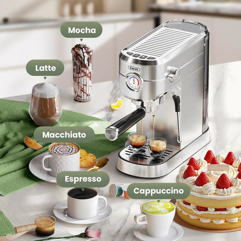 Barista Grade Espresso Machine With Milk Frother For Home Use, 20 Bar Pump, Stainless Steel, with assorted coffee drinks