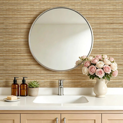 Super Slick Peel And Stick Grasscloth Wallpaper With Dead Simple Self Adhesive Backing For Modern Accent Walls And Apartment Rentals In Earthy Beige Tan Hues in bathroom setting with mirror and flowers.