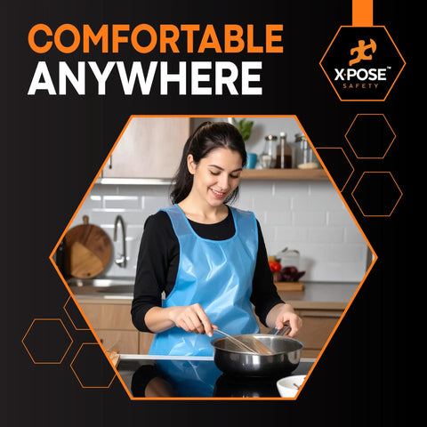 Person cooking wearing blue disposable aprons bulk pack of 1000 count 24x48 inches waterproof polyethylene, individually wrapped, heavy duty.