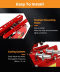 Close-up of red 1 Ton I Beam Manual Trolley with Geared Push Operation for Overhead Hoist featuring multiple mounting holes.