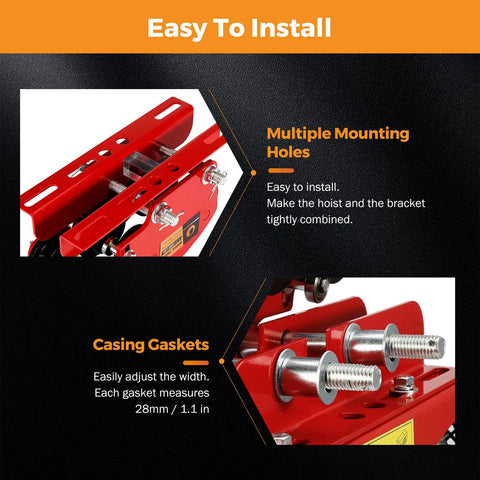 Close-up of red 1 Ton I Beam Manual Trolley with Geared Push Operation for Overhead Hoist featuring multiple mounting holes.