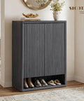 High Capacity Fluted Wooden Shoe Cabinet With Six Tier Hidden Footwear Storage For Entryway featuring sleek fluted design and visible shoe storage.