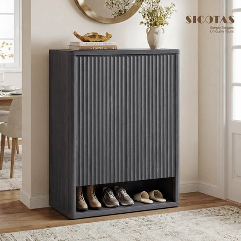 High Capacity Fluted Wooden Shoe Cabinet With Six Tier Hidden Footwear Storage For Entryway featuring sleek fluted design and visible shoe storage.