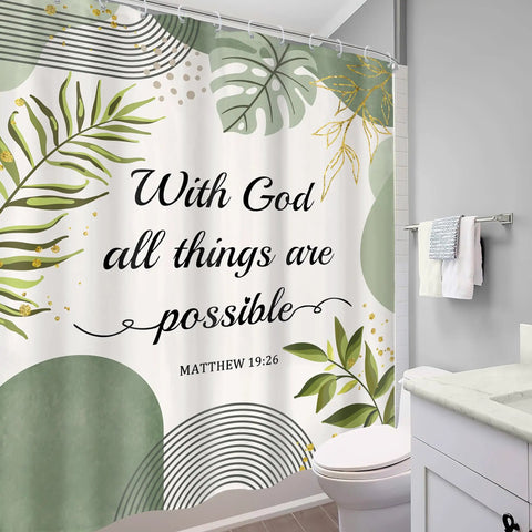 Bible Verse Shower Curtain Boho Green Leaves Modern Minimalist Bathroom Decor 60 by 72 Inches Polyester Water Resistant