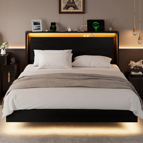 Sick Queen Floating Bed Frame With LED Lights And DC Charging Ports, Hidden Toe Guard Base, Built In Storage Headboard, Silent Noise Free Platform Sleeper, Quick Setup For Chill Bedroom Vibes, Matte Black, with illuminated headboard.