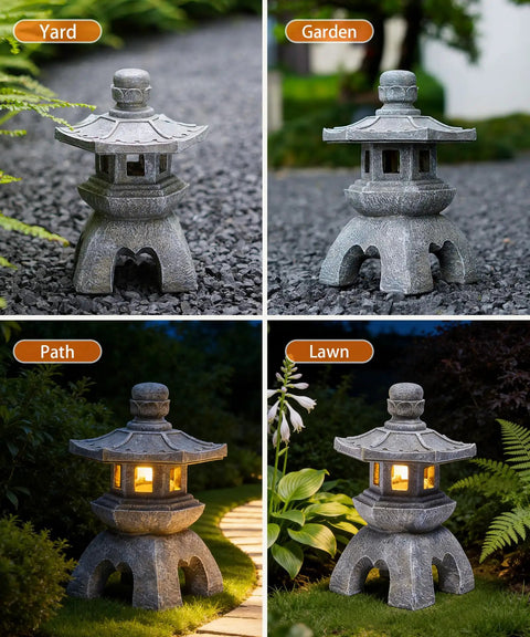 Solar Pagoda Lantern Garden Statue For Indoor Outdoor Use Zen Vibes Asian Decor For Landscape Balcony Patio Porch Yard Polyresin With Stone Finish Yard Art Ornament in garden and path settings