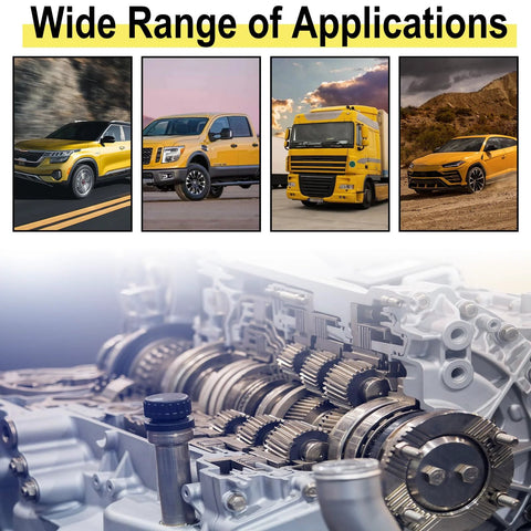 Two-piece thread adapters with rubber washers for 1/2-28 to 3/4-16, automotive background engine gears and yellow cars.