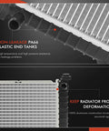 Straight Swap Direct Fit Engine Coolant Radiator Assembly For Tesla Model S 2012 Through 2015 showing PA66 end tanks and aluminum construction.