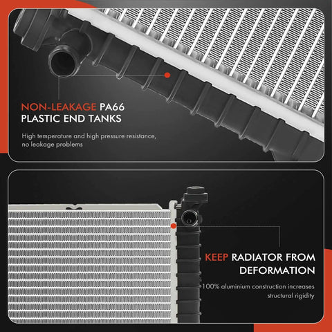Straight Swap Direct Fit Engine Coolant Radiator Assembly For Tesla Model S 2012 Through 2015 showing PA66 end tanks and aluminum construction.