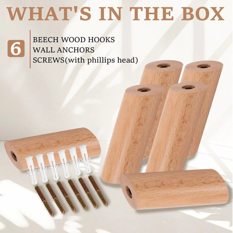 Heavy Duty Beech Wood Wall Hooks For Coats And Hats, Rustic Wall Mount Coat Rack Hangers For Bags, Towels And Purses, Durable Solid Wood Wall Hooks With Included Anchors displayed with screws and anchors