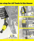 Power Tool Organizer With Charging Station For Garage Eight Outlet Power Strip Built In Wall Mount Shelf Battery Organizer For Drills And Bits Screwdrivers Hammers And Air Tools Storage Rack, showing tool holders and storage options.