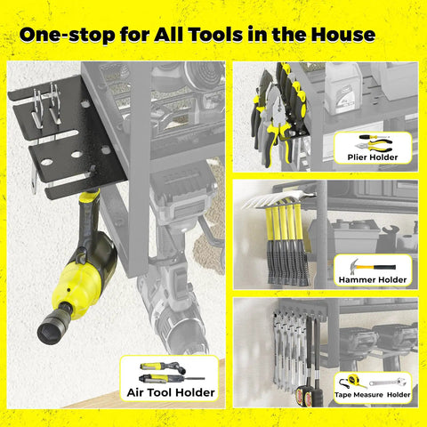 Power Tool Organizer With Charging Station For Garage Eight Outlet Power Strip Built In Wall Mount Shelf Battery Organizer For Drills And Bits Screwdrivers Hammers And Air Tools Storage Rack, showing tool holders and storage options.