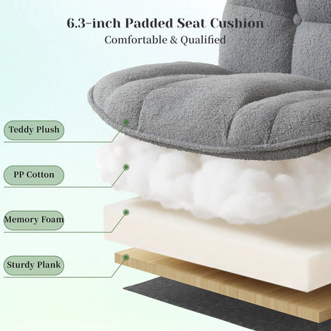 Detailed layers of cross legged desk chair with foot rest, cozy teddy plush upholstery, six point three inch thick cushion construction