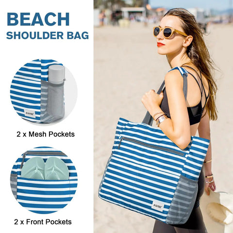 Woman carrying Waterproof Sandproof Beach Tote Bag With Large Capacity Two-In-One Foldable Design For Women Navy Stripe