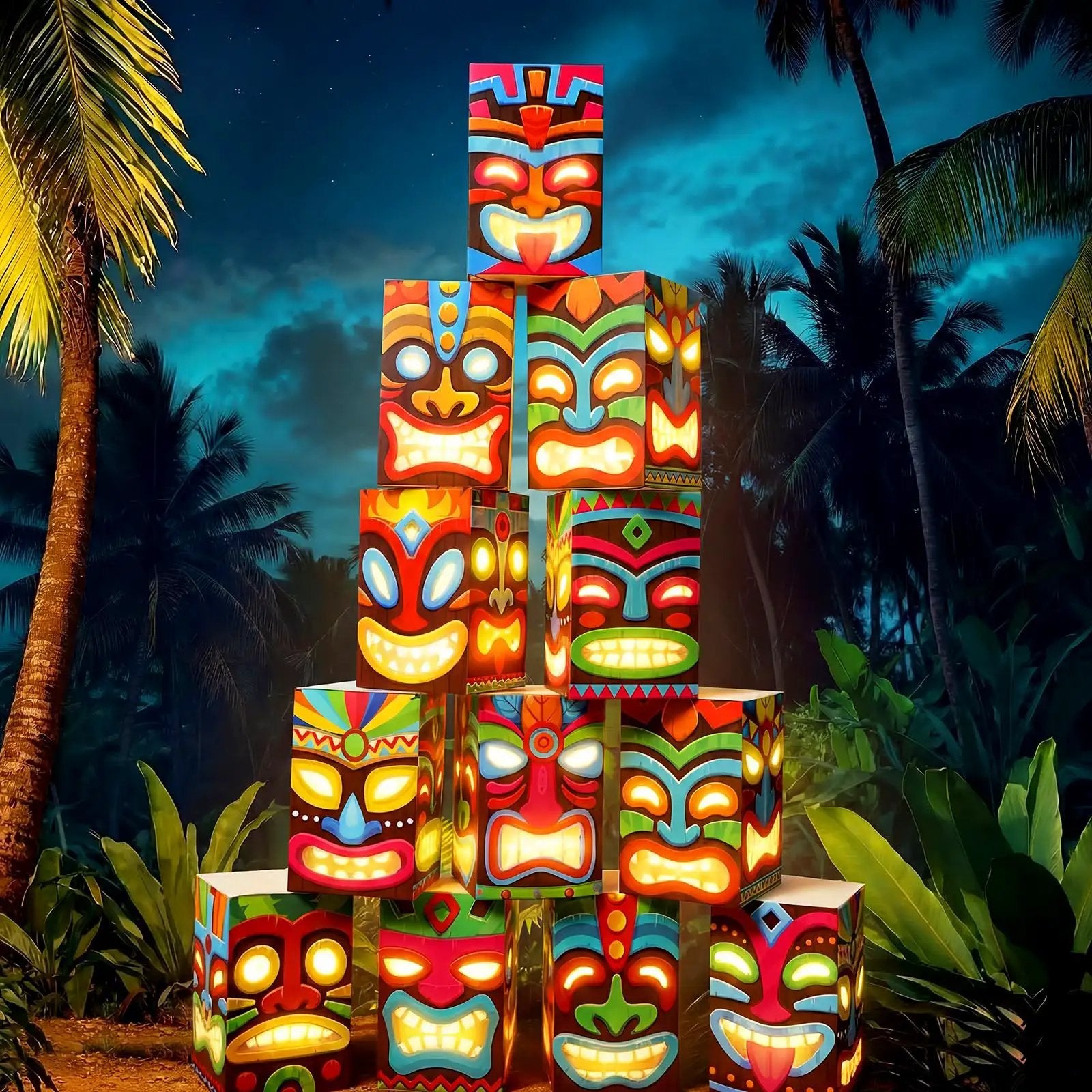 12 Pcs Hawaiian Luau Tiki Totem Gift Boxes LED Lights ✓