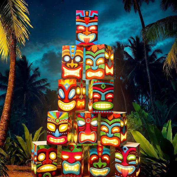 12 Pcs Hawaiian Luau Tiki Totem Gift Boxes LED Lights ✓