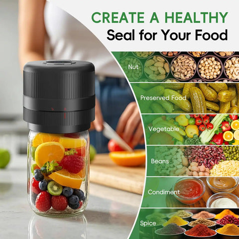 Electric Mason Jar Vacuum Sealer Kit with LED Display sealing jar of fruit. Woman slicing in kitchen with preserved foods.
