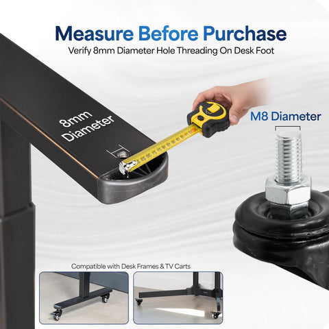 VIVO M8 4-pack threaded locking caster wheels, swiveling with brakes, rubber base; 1.5-inch replacement wheels for desks and carts.