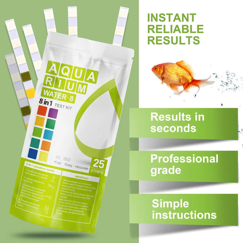 8 In 1 Aquarium Water Test Strips Checks Ph Ammonia Nitrite Chlorine Hardness And Alkalinity In Seconds With 25 Fast Sheets in packaging.