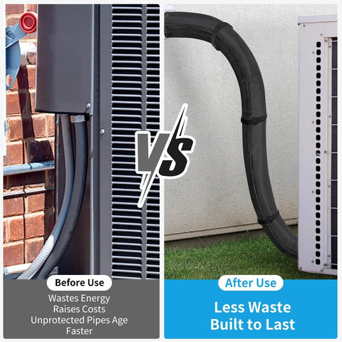Comparison of uncovered HVAC lines with aging vs. Weatherproof Copper Pipe Insulation Cover For Outdoor HVAC Line Sets 72x10.2 Inches.