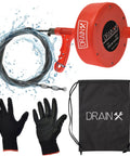 25 Foot Drain Auger Snake For Fast Clog Busting Flexible Quarter Inch Steel Cable Works On One And A Quarter To Two Inch Pipes Includes Work Gloves And Storage Bag For Handy Home Plumbing Repairs; red drum, steel cable, black gloves, and bag.