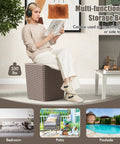 Person sitting on 11.5 Gallon Waterproof Deck Box With Removable Lid And Faux Rattan Side Table For Outdoor Patio Storage All Weather Furniture And Extra Seating Poolside Brown indoors