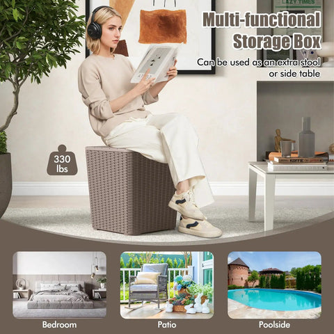 Person sitting on 11.5 Gallon Waterproof Deck Box With Removable Lid And Faux Rattan Side Table For Outdoor Patio Storage All Weather Furniture And Extra Seating Poolside Brown indoors