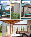 All Weather Outdoor Sheer Curtains 6 Pack For Patio And Porch, Rod Pocket Beige 54x84 Inches, installed in various settings