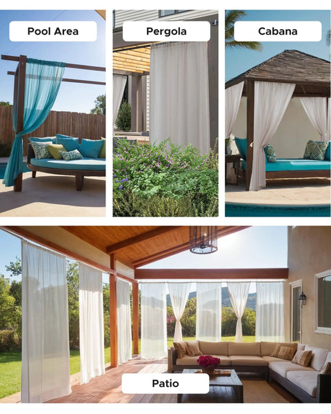 All Weather Outdoor Sheer Curtains 6 Pack For Patio And Porch, Rod Pocket Beige 54x84 Inches, installed in various settings