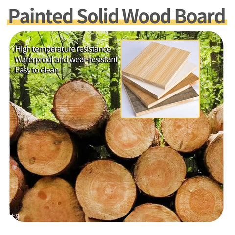Painted Solid Wood Board featuring high temperature resistance and waterproof properties, shown against log background.