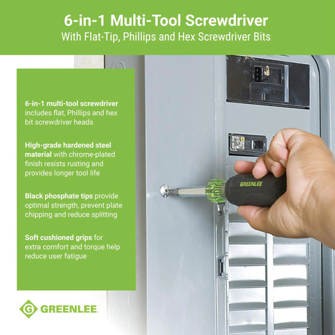 6 In 1 Do It All Tool Screwdriver in use, flat tip, tough hardened steel build, chrome plated, electrical panel, pro grade performance