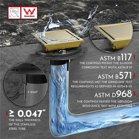 4 Inch Square Shower Drain With Slick Brushed Gold Finish, Reversible 2-In-1 Cover And Tile Insert Grate, ASTM standards shown.
