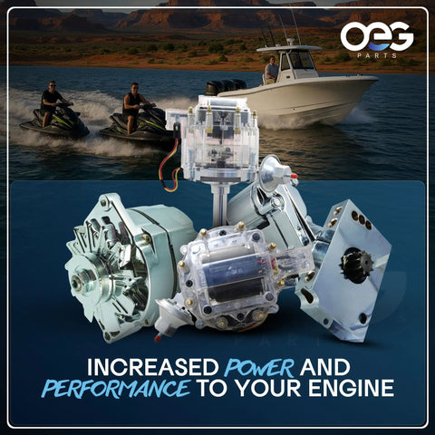 Beefy 100 Amp Chrome Alternator For GM Chevy 10Si 12V Self Exciting With fun watercrafts in the background