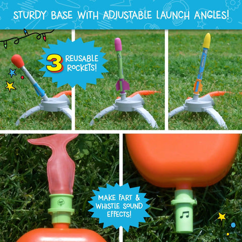 Air Rocket Launch Kit For Kids Ages 4 And Up To 100 Feet With Realistic Sound Effects Stomp And Blast And Learn Outdoor STEM Toy Comes With Companion Audio Content And Bonus Reusable Science Tool, 3 reusable rockets on adjustable base
