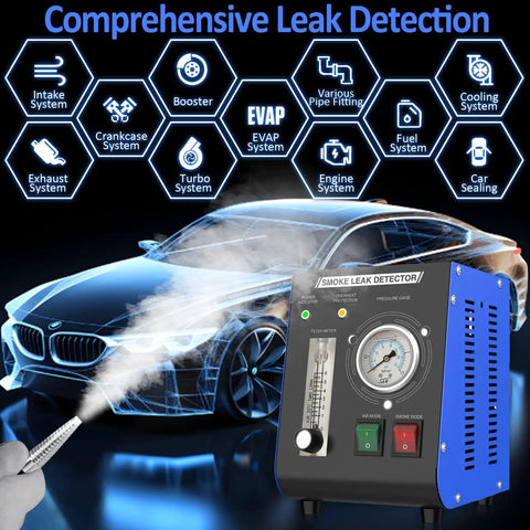 EVAP Smoke Machine Leak Tester With Built In Air Pump And Pressure Gauge Flow Meter Dual Mode Automotive Leak Detector For All 12V Cars And Motorcycles Detects Evap System Intake Crankcase Vacuum Turbo EGR And Exhaust Leaks. shown with car smoke test