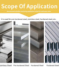 Four-panel display of steel bars by type: stainless steel, pre-hardened steel, hardened steel, and pardened steel