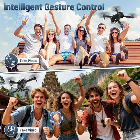 Groups of people using 4K HD FPV Mini Drone With Camera For Beginners, Brushless Motors, Altitude Hold for gesture selfies.