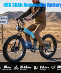 Badass Dual Motor Electric Bike For Adults Built Tough For Everyday Cruisin With 3000W Peak Power And A Heavy Duty 48V 30Ah Battery Dishin Out A Solid 90 Mile Range At 32 Mph On 26 Inch Fat Tires Full Suspension Gear with a removable battery on rocky terrain.