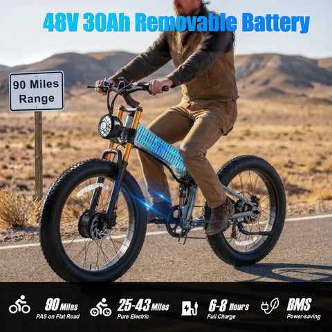Badass Dual Motor Electric Bike For Adults Built Tough For Everyday Cruisin With 3000W Peak Power And A Heavy Duty 48V 30Ah Battery Dishin Out A Solid 90 Mile Range At 32 Mph On 26 Inch Fat Tires Full Suspension Gear with a removable battery on rocky terrain.